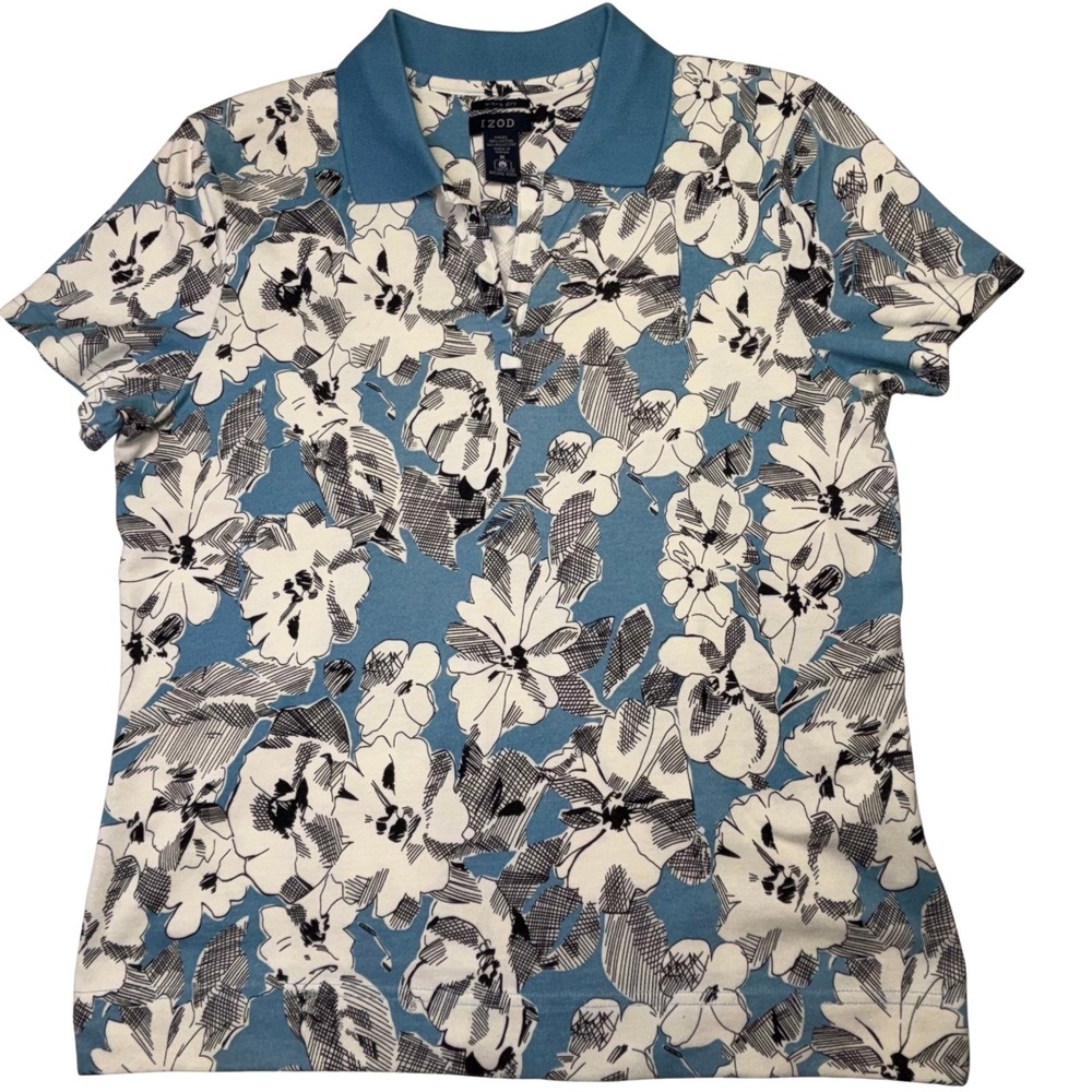 IZOD X-Tra Dry Floral Print Polo Shirt Blue White Women's M Preppy Resort Golf‎